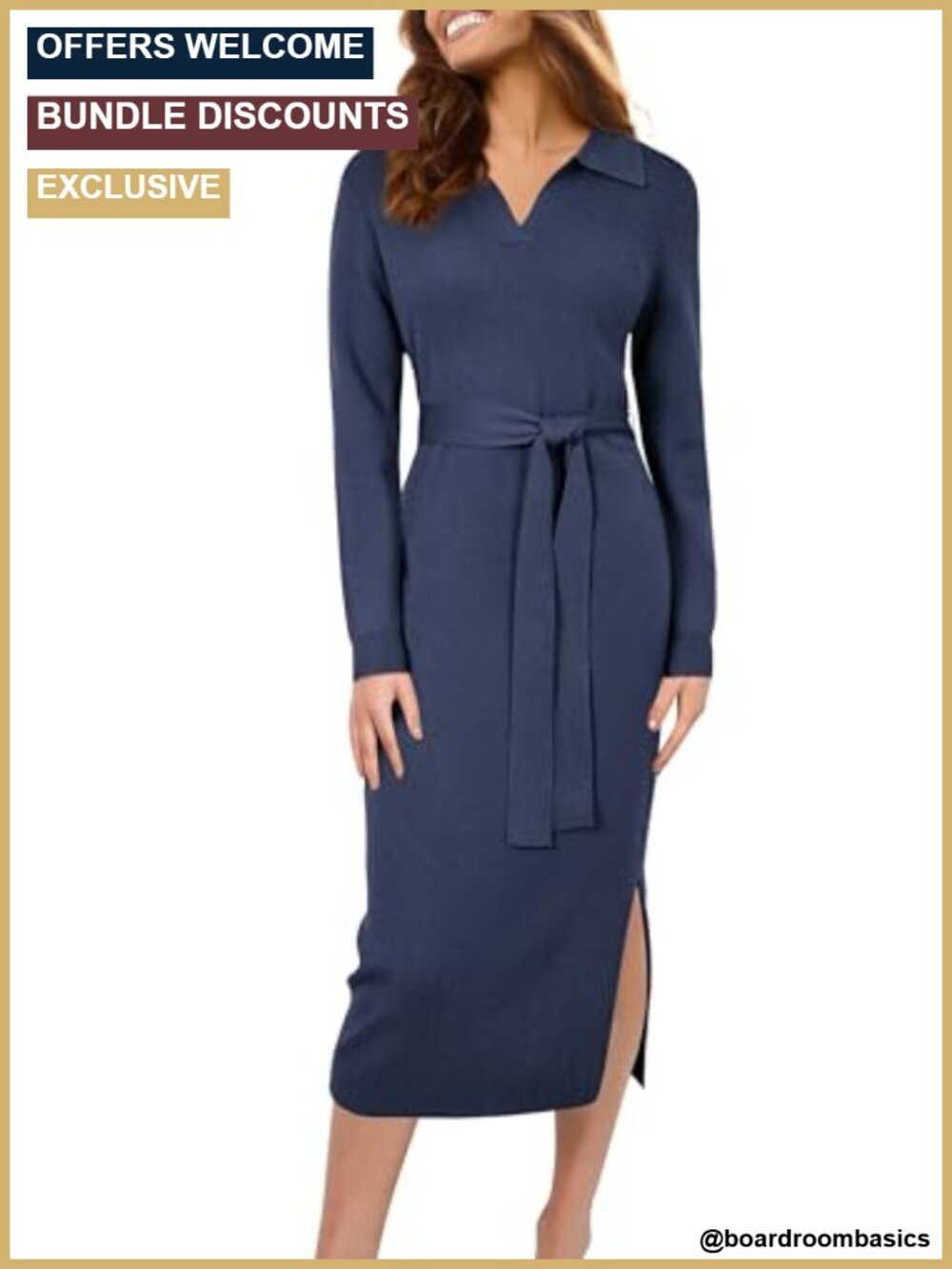 Wool Blend Long Sleeve Midi Sweater Dress with Belt V-Neck Work